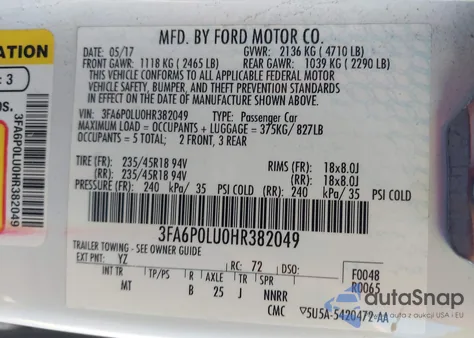 2017 Ford Fusion Hybrid Se from USA, damaged, VIN 3FA6P0LU0HR382049